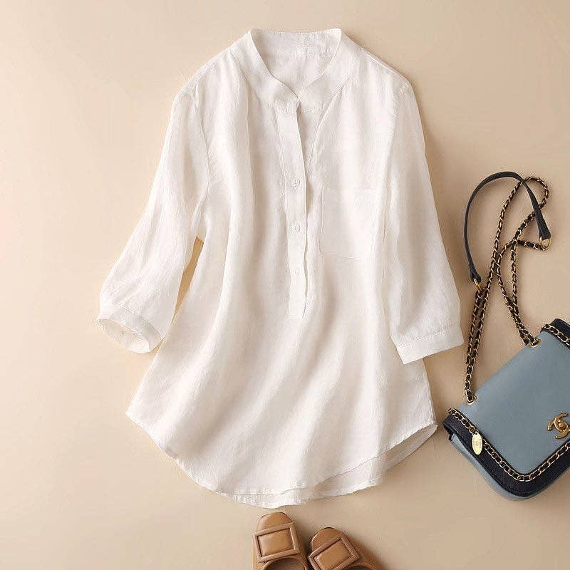 Simple And Stylish Stand Collar Shirt With Short Sleeves: WHITE / L