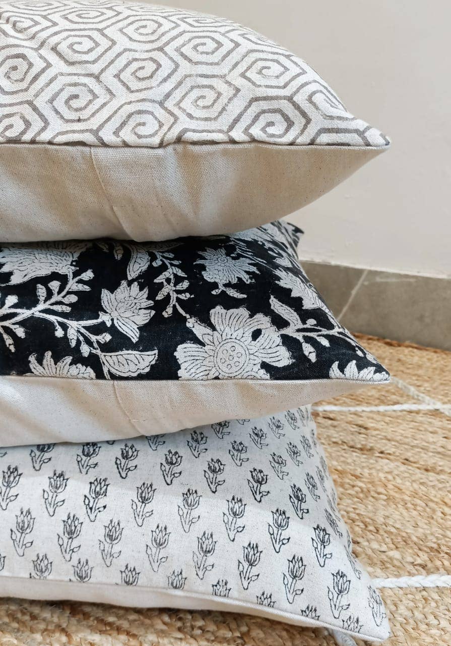 Charcoal Hand block printed pillow 20x20 with feather insert