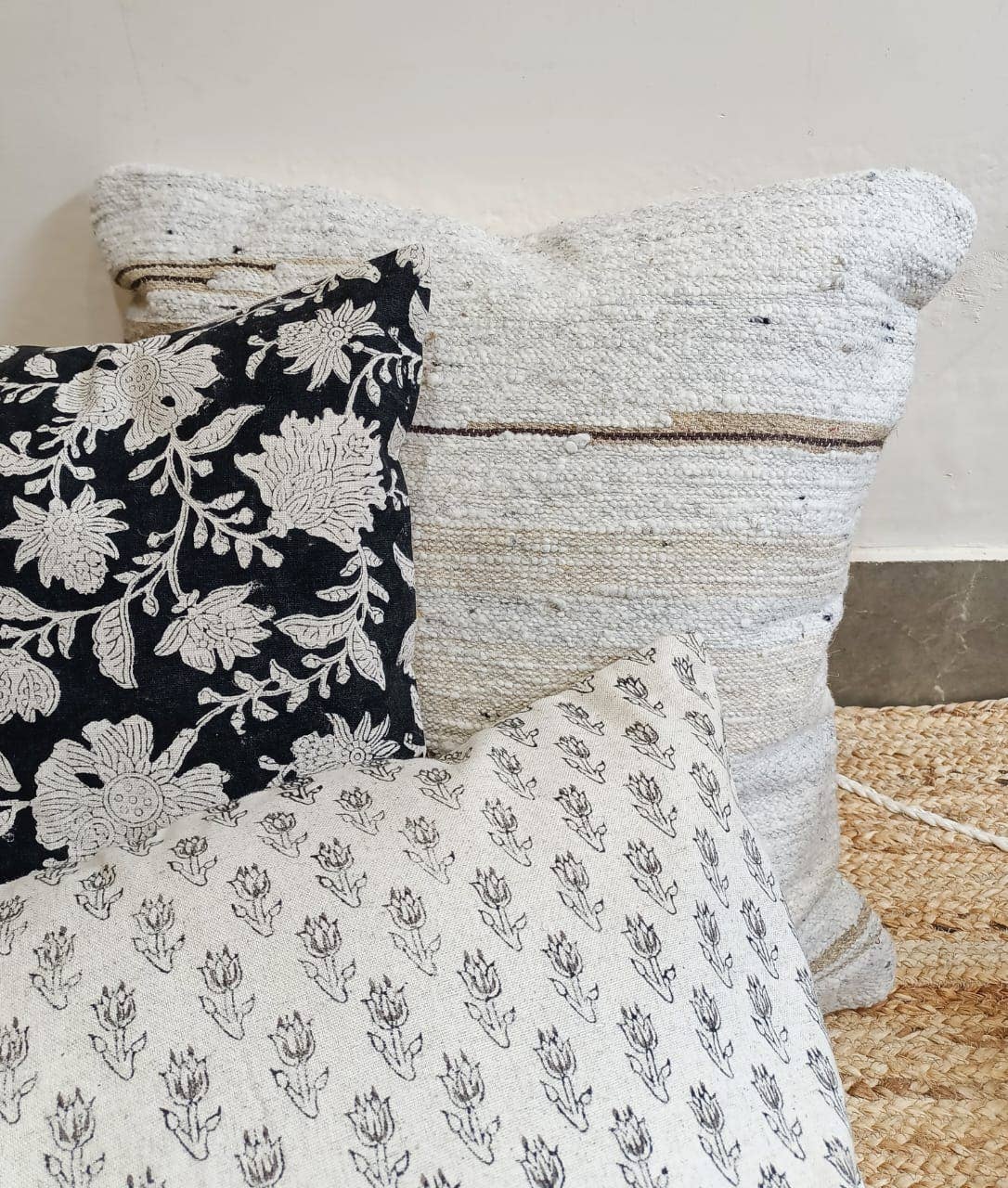 Charcoal Hand block printed pillow 20x20 with feather insert