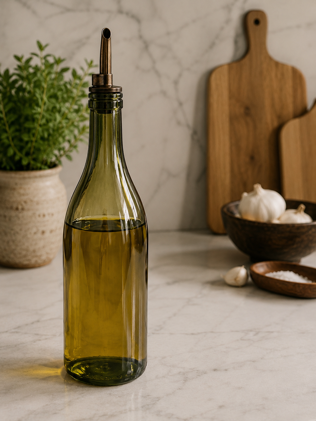 Vintage Green Glass Olive Oil Bottle