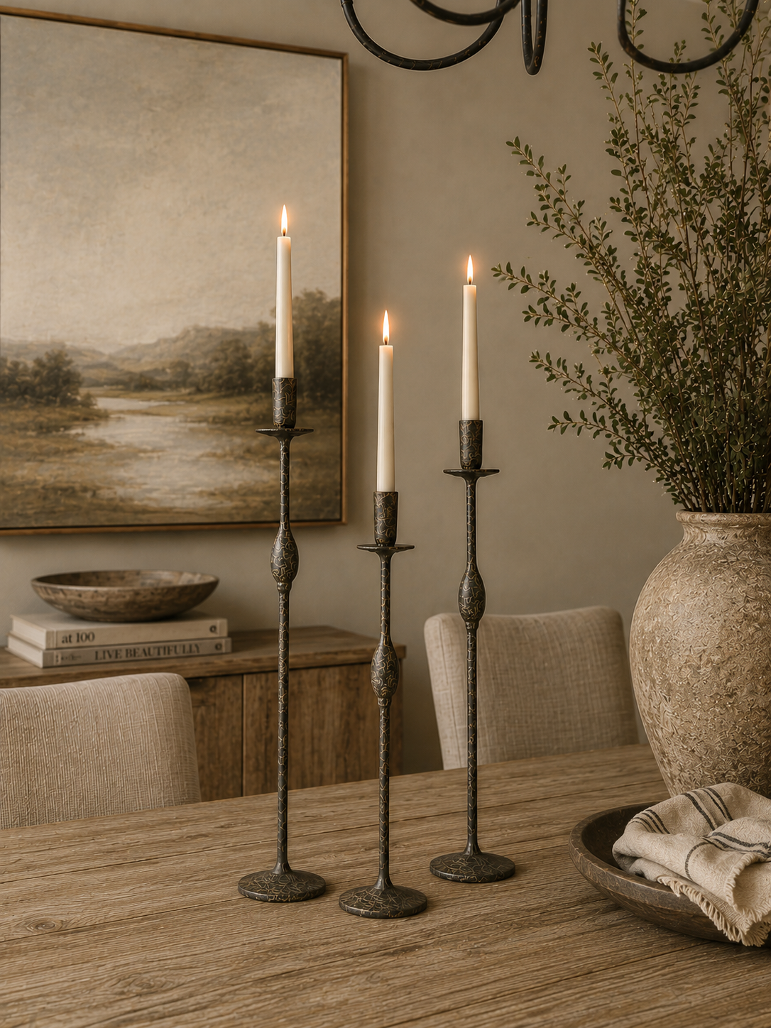 SET OF THREE FORGED IRON TAPER CANDLE HOLDERS: Brown / Metal / Large