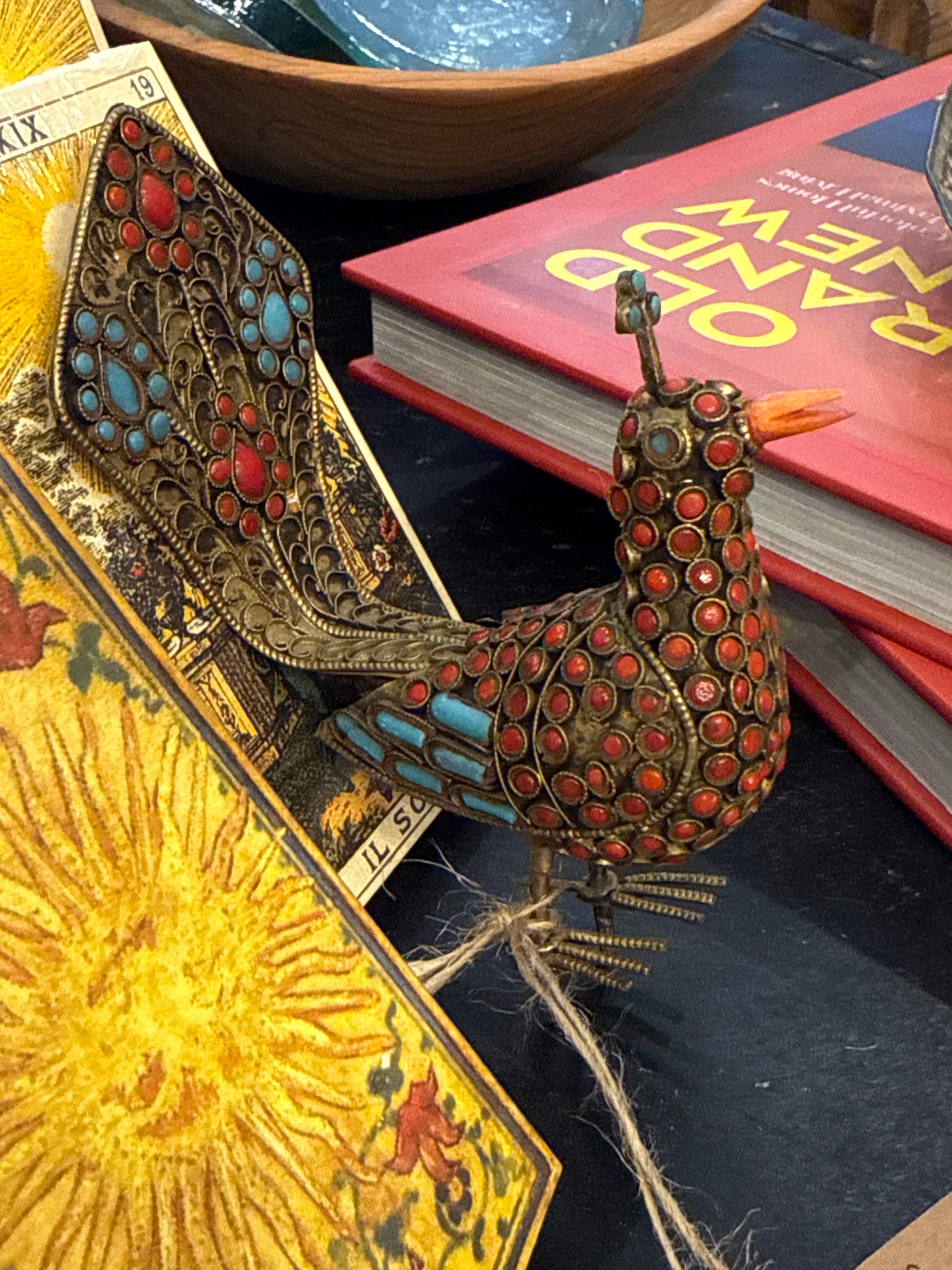 Tibetan Red + Turquoise Coral Brass Peacock