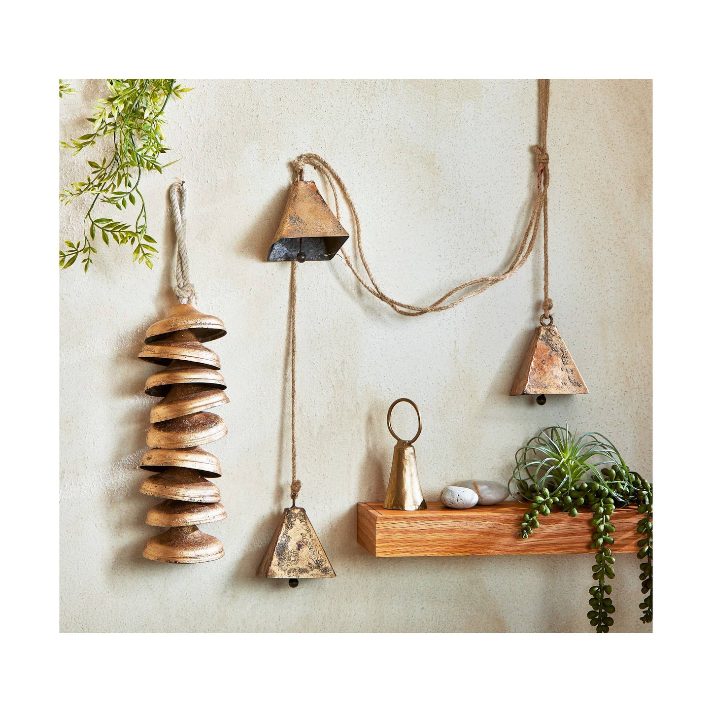 Pyramid Temple Bells & Jute Rope Swag - Antique Brass and Jute