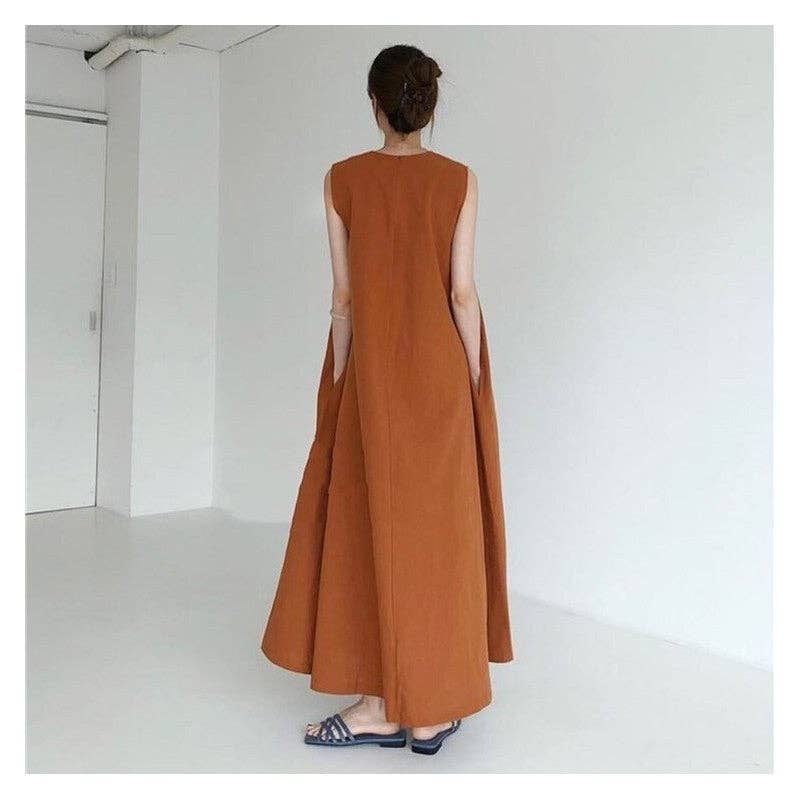 Sleeveless Linen Maxi Dress : Brown