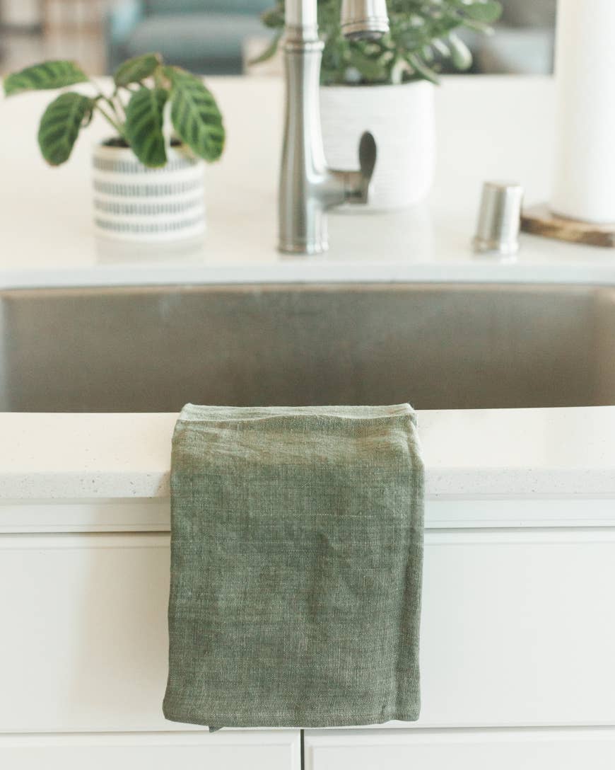 Stone Washed Linen Tea Towel | Sage green