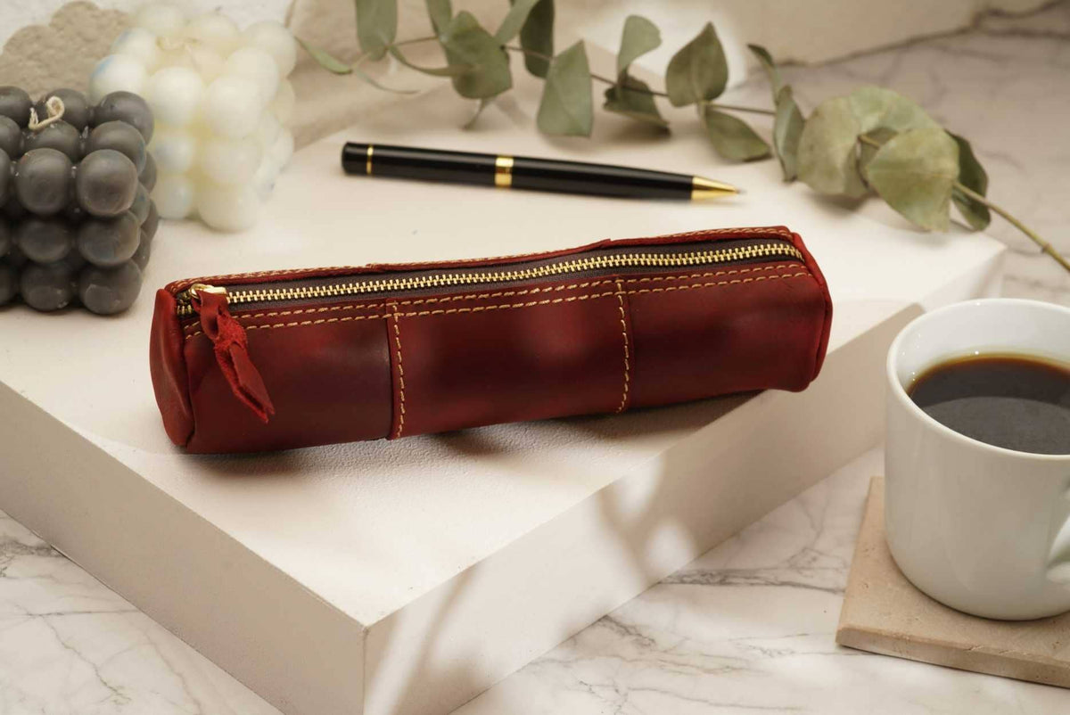 Leather Pencil Case, Make-up Brush Holder, Pen Holder: Green