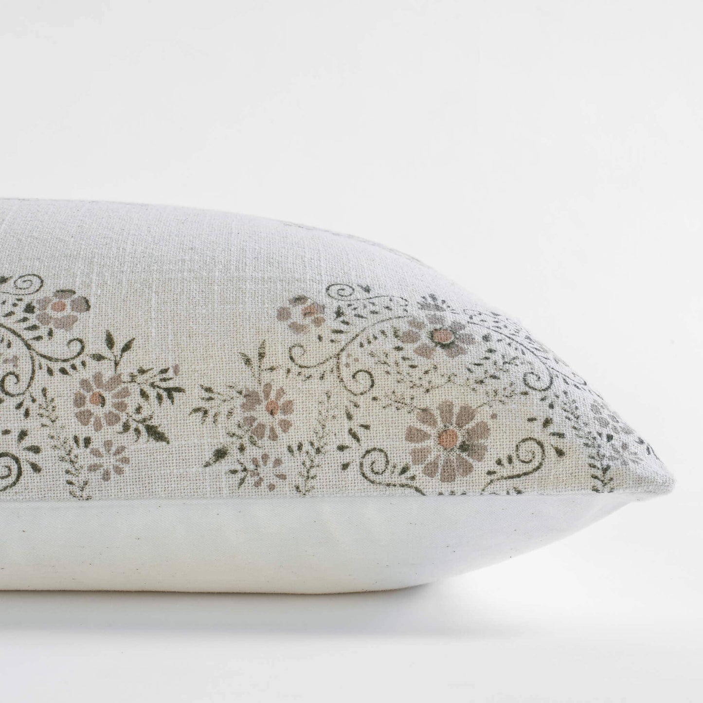 Pilar Floral Block Printed Pillow Cover | Olive, Light Brown, Tan | Lumbar: 14'' x 20''. Feather insert included