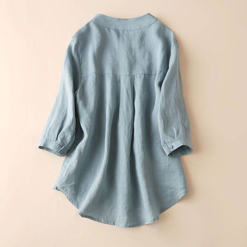 Linen Blend Stand Collar Blouse : BLUE / M