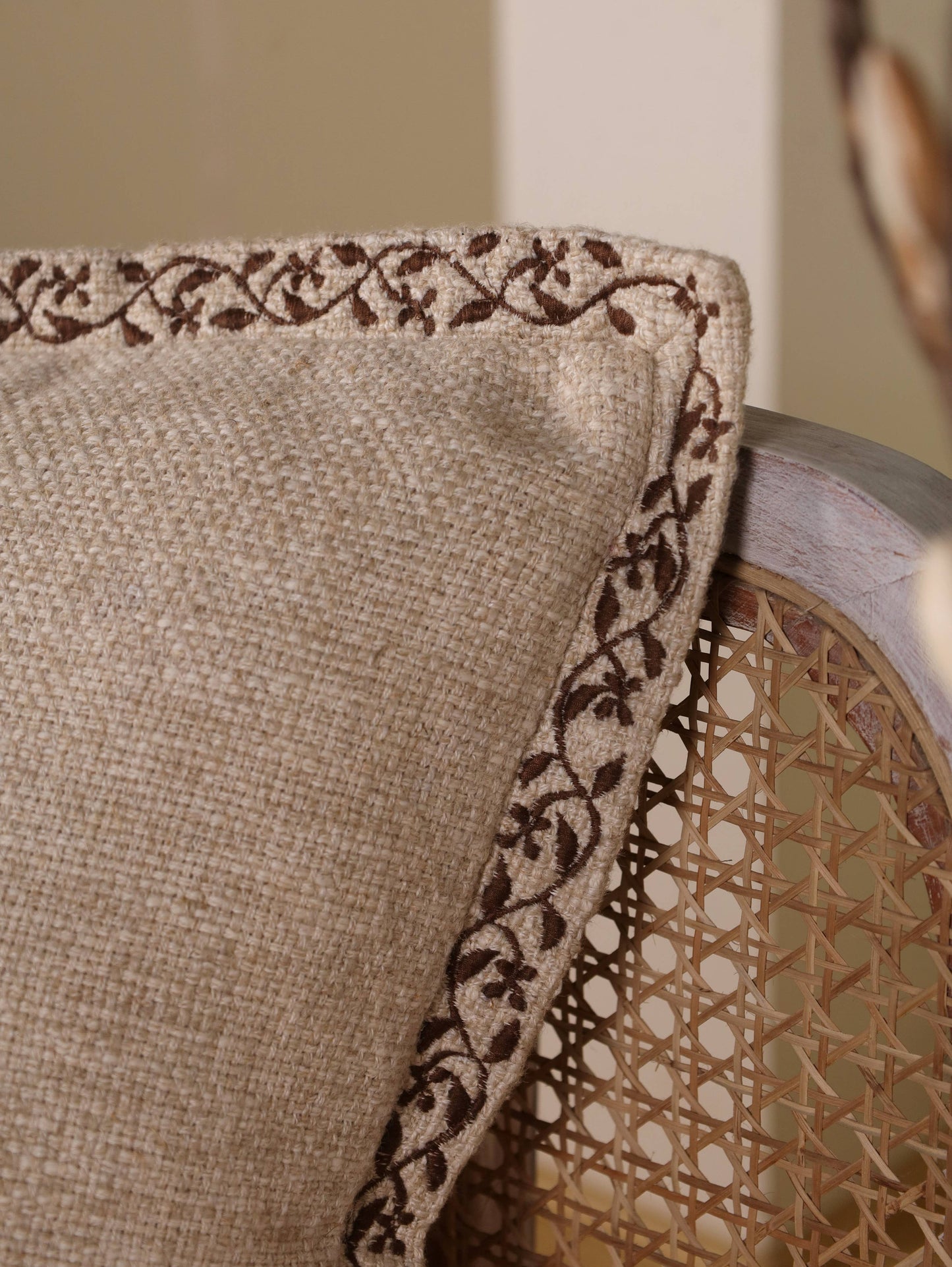 Knubby Linen Pillow Cover 20x20 | Hand Embroidered Edges- Feather insert included