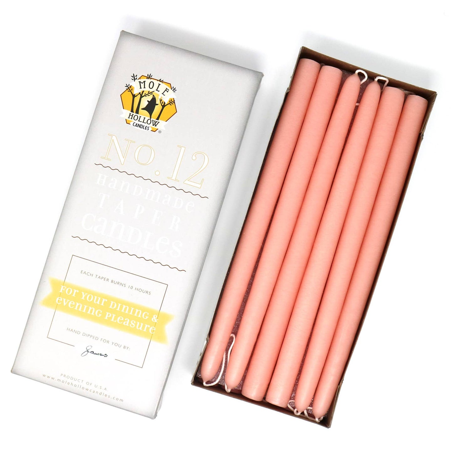 12" Hand Dipped Unscented Taper Candles - 39 Colors USA Made: Off White