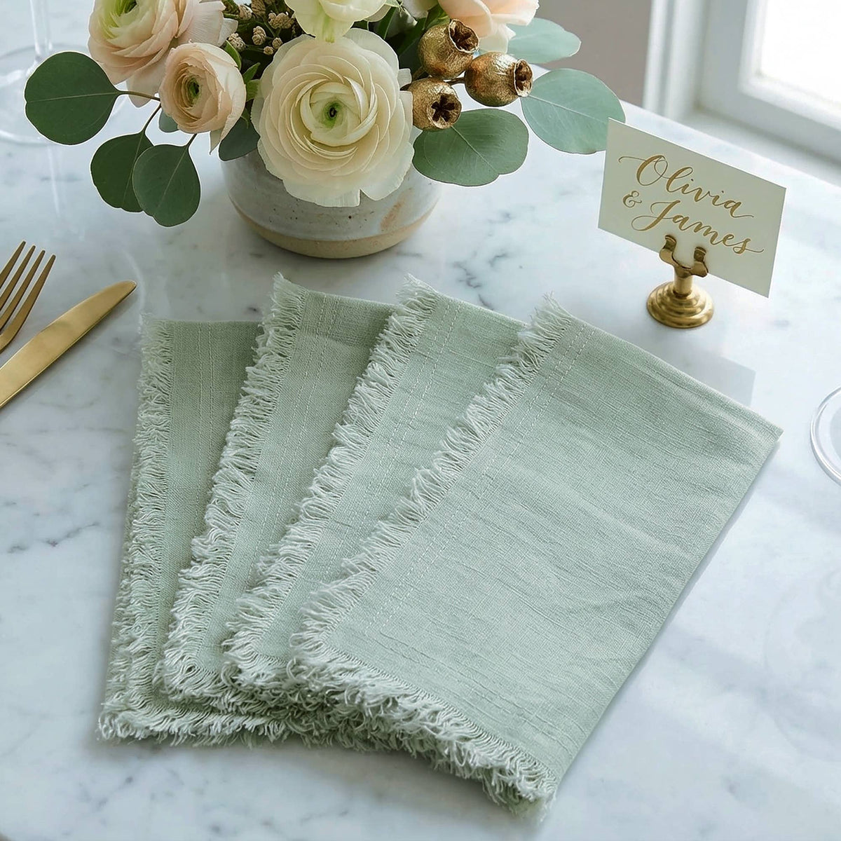 Fringed Raw Edge Pure French Linen Napkins Set of 4 -Sage