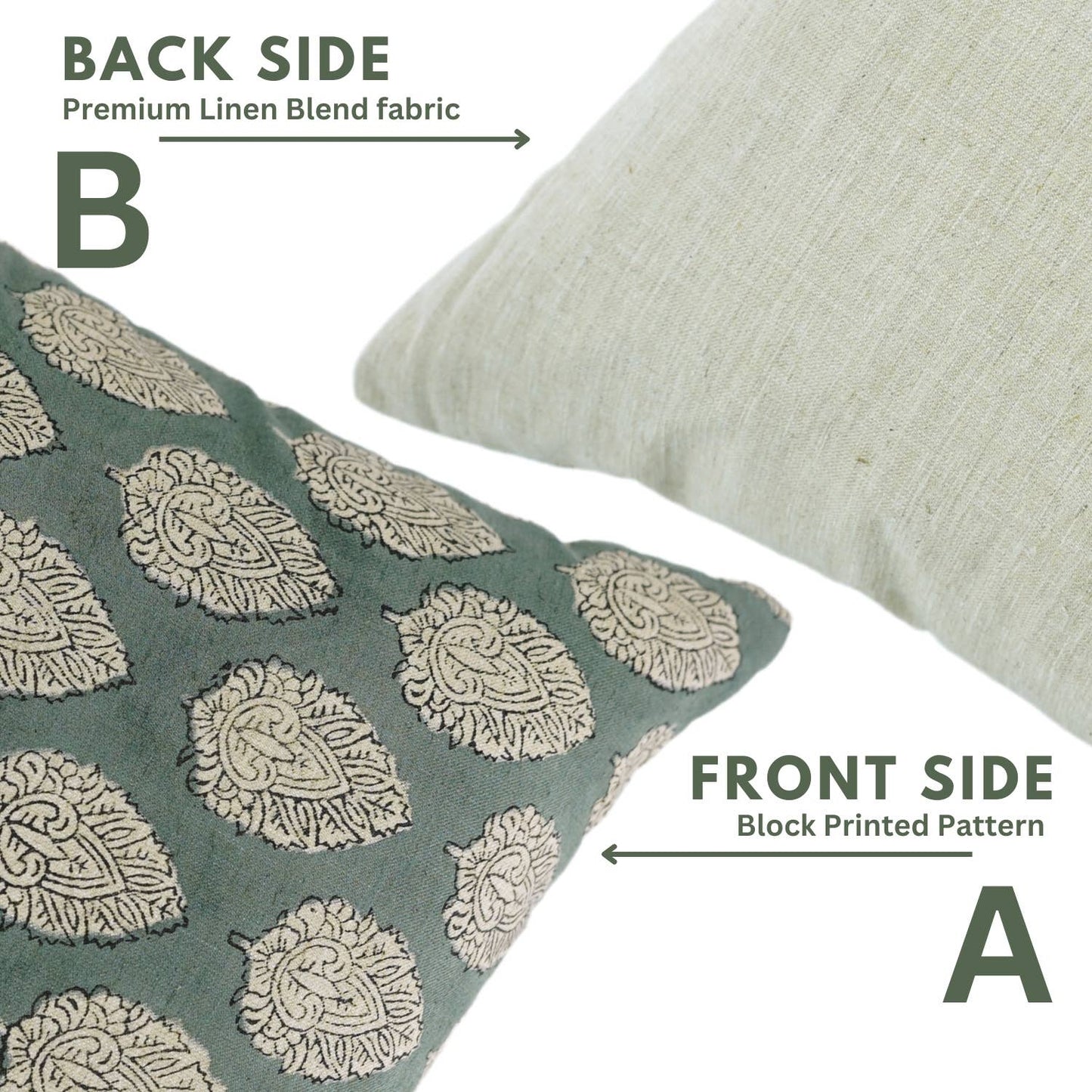 Indian Block Print Linen Blend Pillow Cover - Betal Leaf: Linen / One Side / 20X20