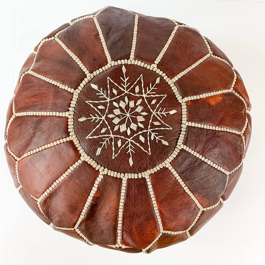 Round Moroccan Leather Pouf in "Chestnut" (unstuffed)