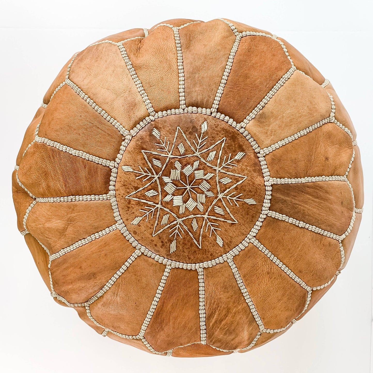 Round Moroccan Leather Pouf in "Tan" (unstuffed)