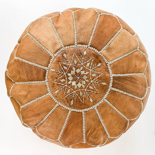 Round Moroccan Leather Pouf in "Tan" (unstuffed)