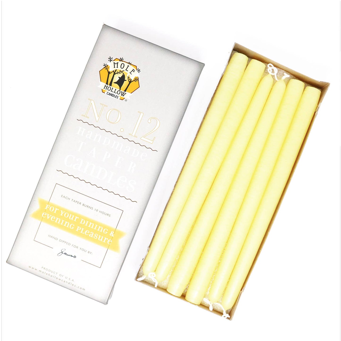 12" Hand Dipped Unscented Taper Candles - 39 Colors USA Made: Off White