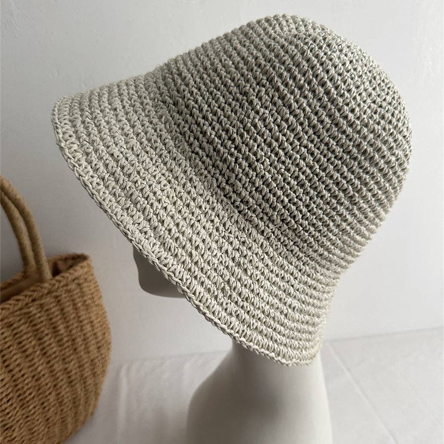 Minimalist Foldable Raffia Straw Bucket Hat 8BK6HAT01: Ivory