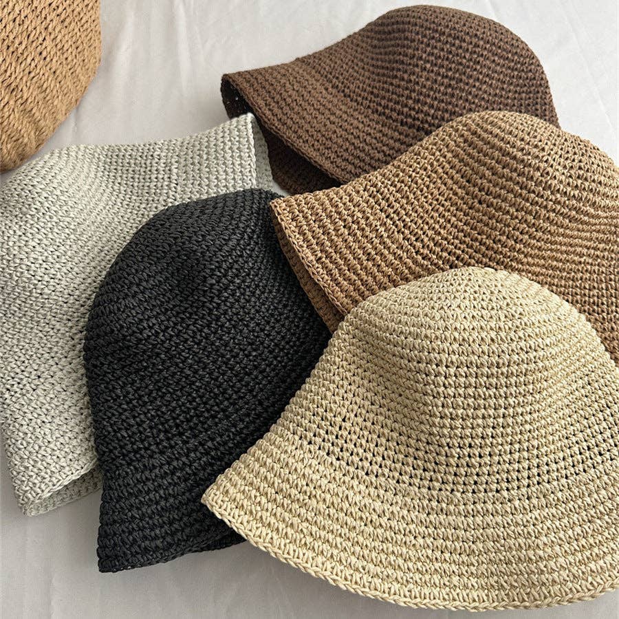 Minimalist Foldable Raffia Straw Bucket Hat 8BK6HAT01: Black