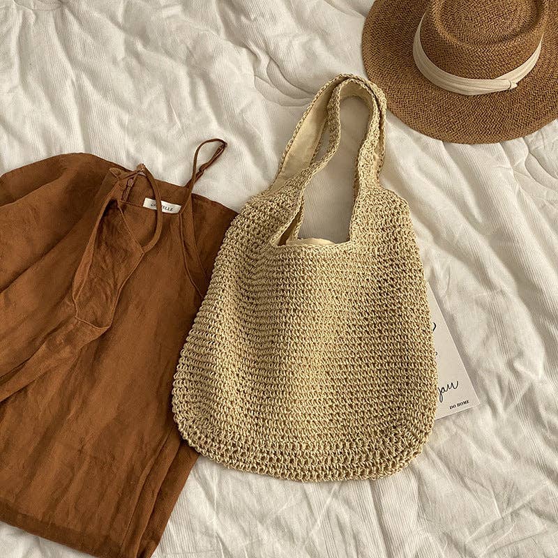 Summer Beach Woven Straw Shoulder Bag /  Beige