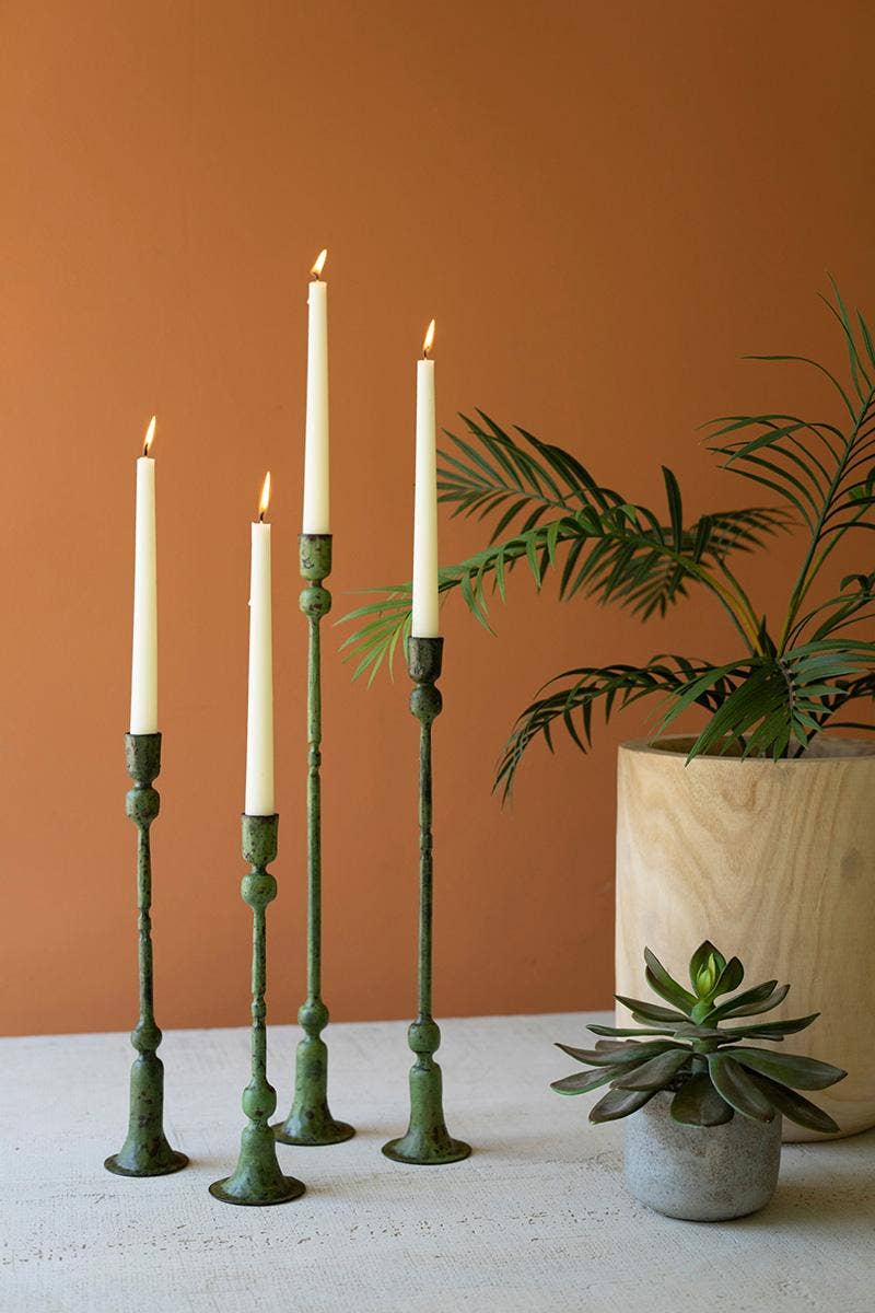 IRON TAPER CANDLE HOLDERS - GREEN PATINA: Green / Forged Iron