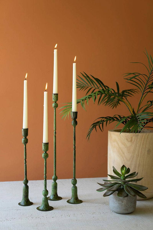 IRON TAPER CANDLE HOLDERS - GREEN PATINA: Green / Forged Iron