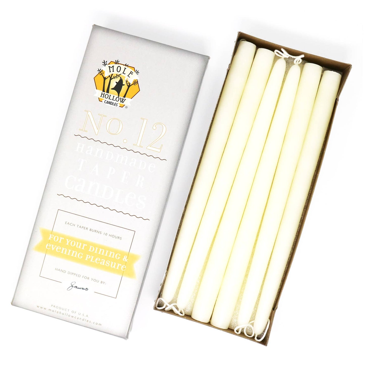 12" Hand Dipped Unscented Taper Candles - 39 Colors USA Made: Off White