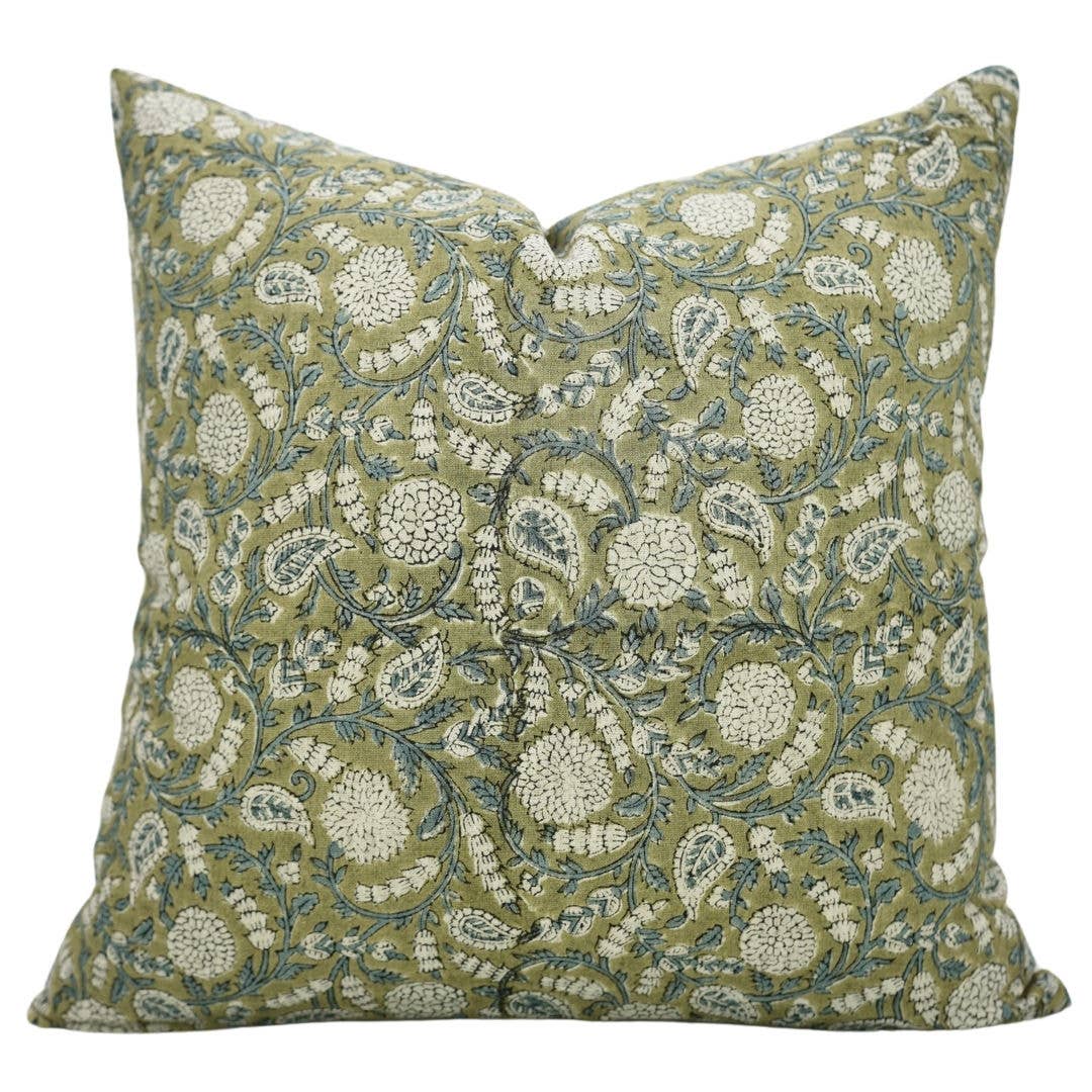 Hand Block Print Cotton Linen Pillow "Gopi" 20x20 Inch