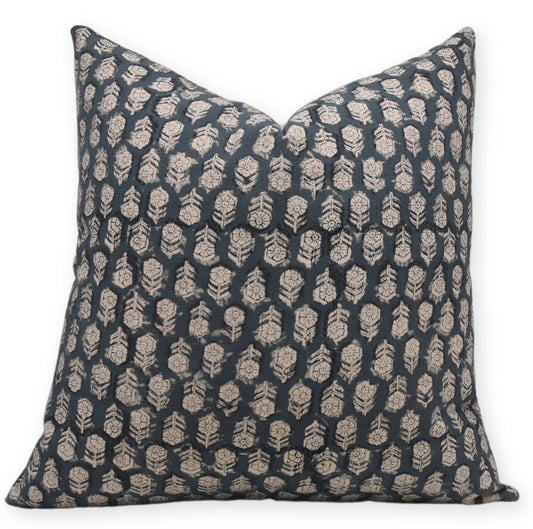 Hand Block Print duck canvas Cushion Cover - TULSI BUTI: Duck Canvas / One Side Print / 22x22 Inch / Feather Insert