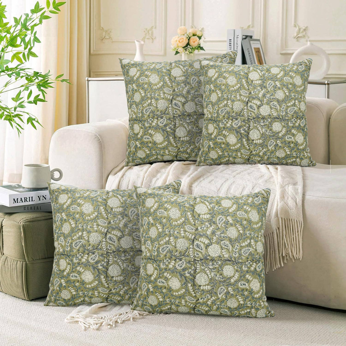 Hand Block Print Cotton Linen Pillow "Gopi" 20x20 Inch
