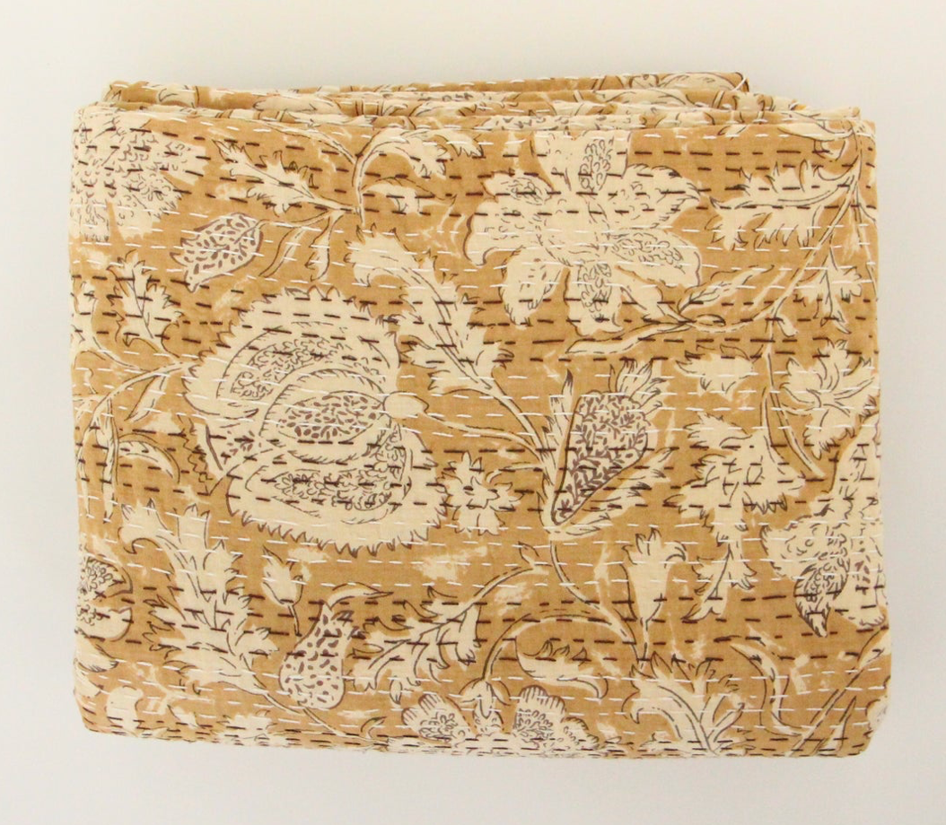 Kantha Quilt Doona Bedspread King Size - Mustard Block Print