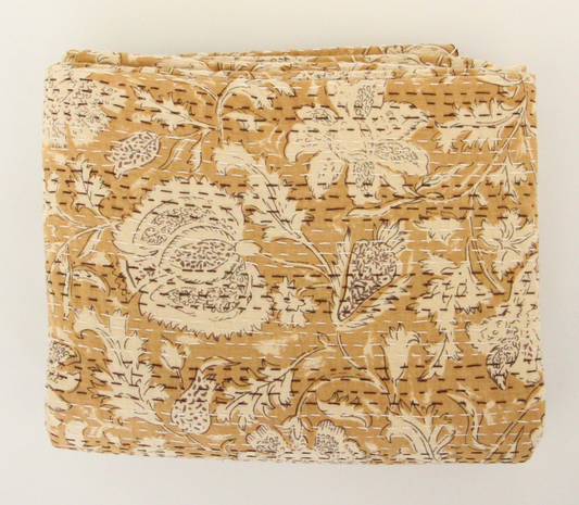 Kantha Quilt Doona Bedspread King Size - Mustard Block Print