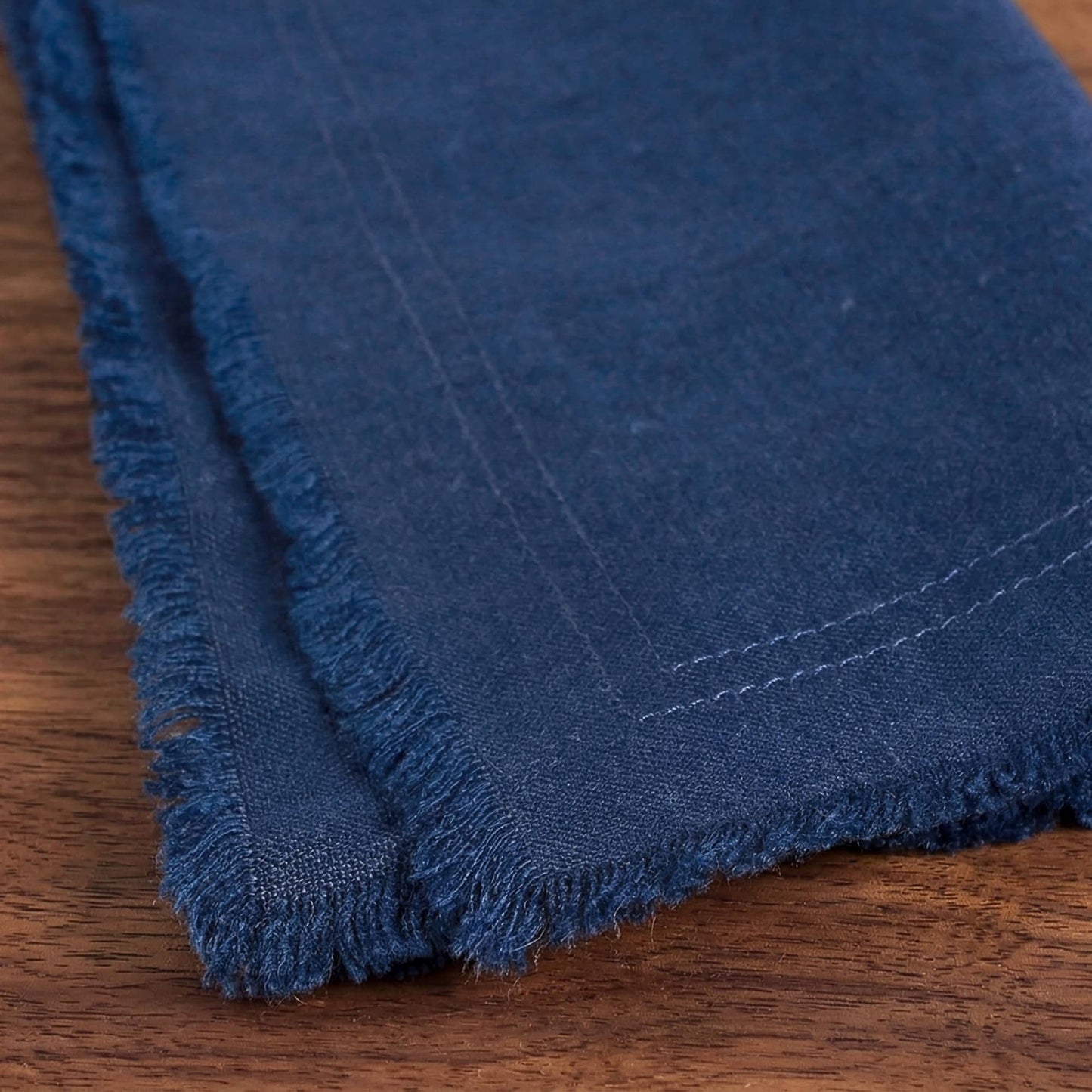 Fringed Raw Edge Pure French Linen Napkins Set of 4 -Navy