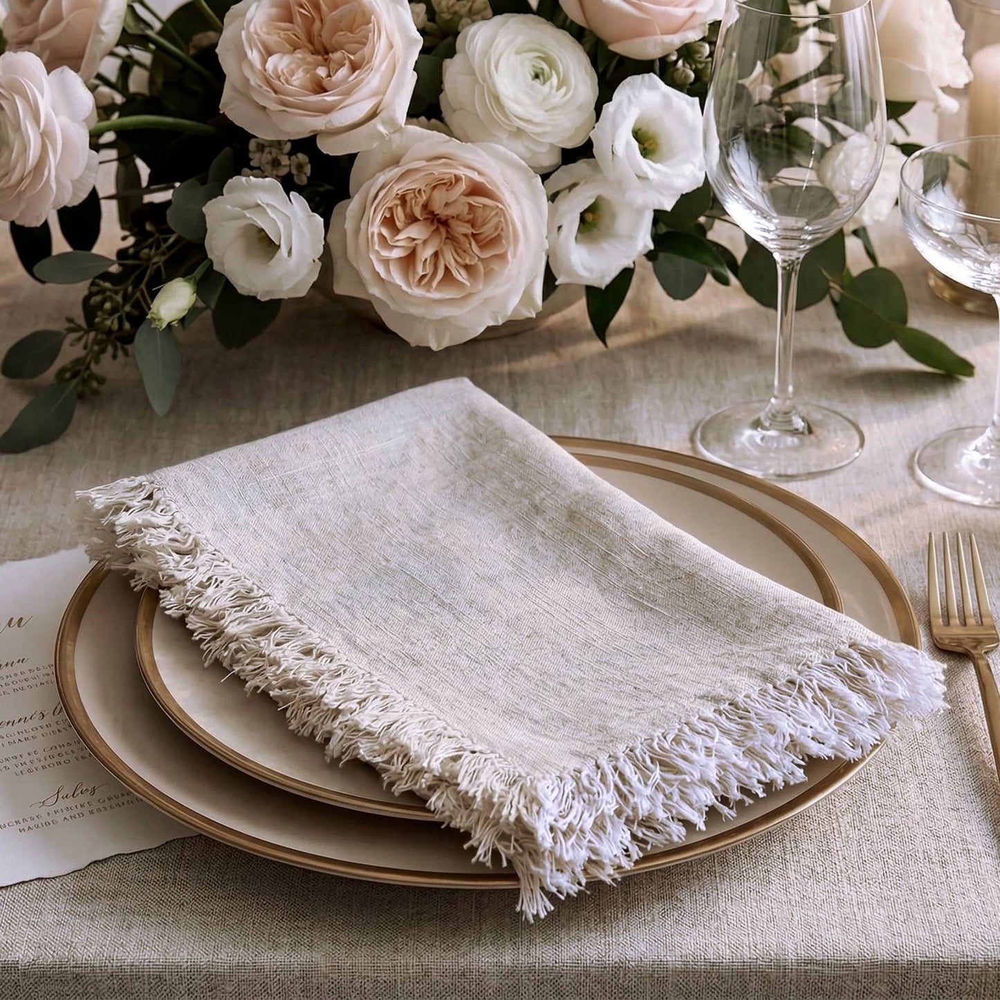 Fringed Raw Edge Pure French Linen Napkins Set of 4 -Natural