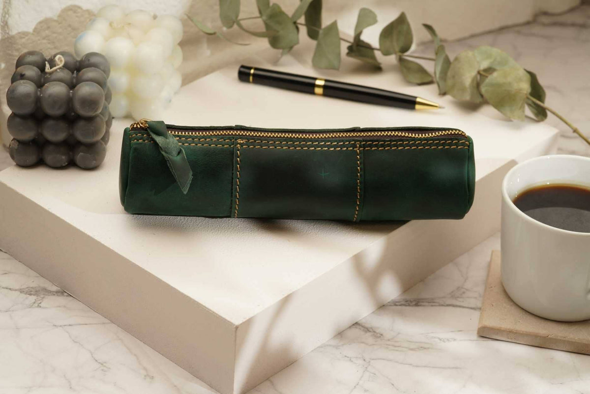 Leather Pencil Case, Make-up Brush Holder, Pen Holder: Brown