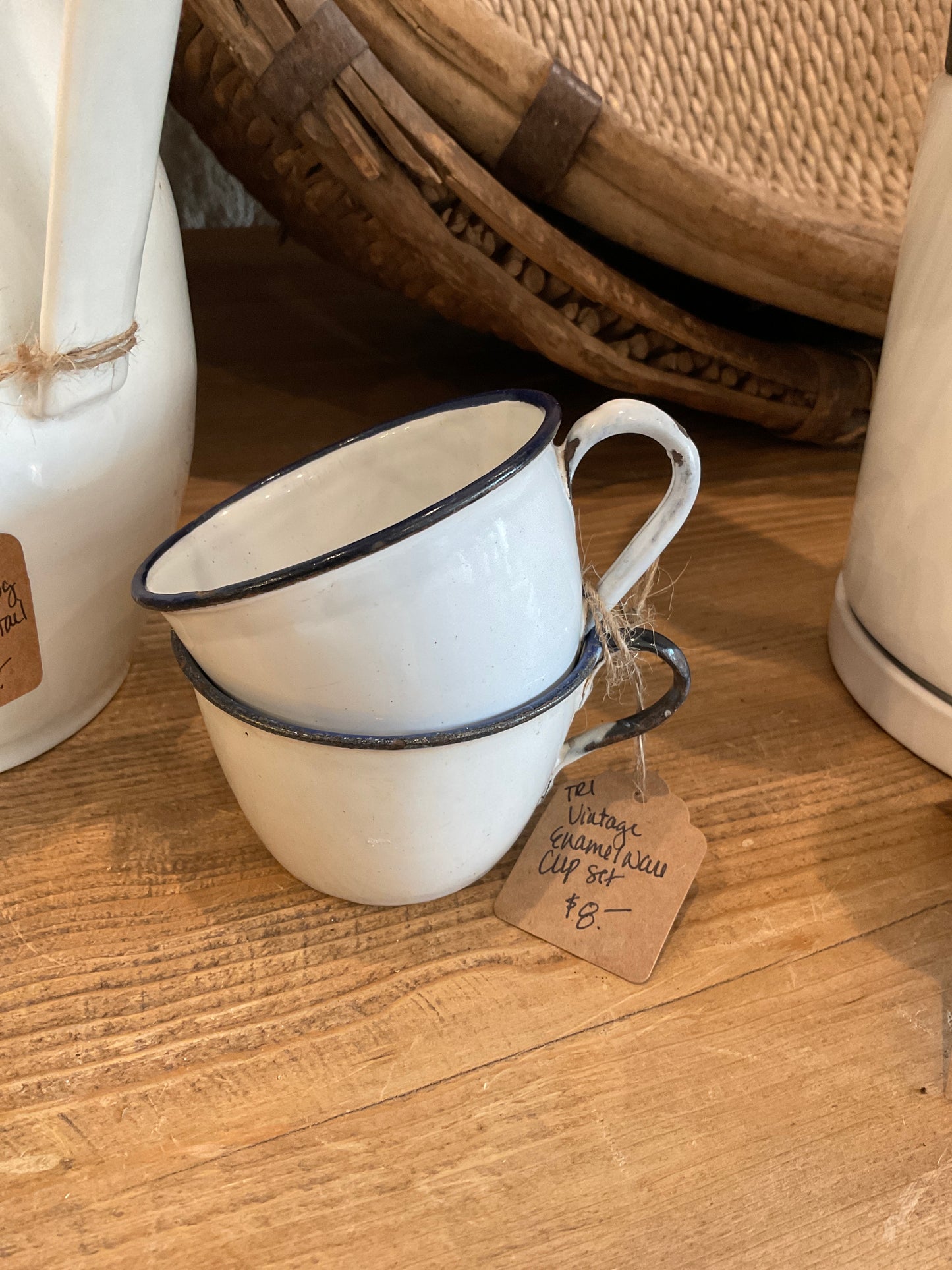 Vintage Enamel White cups with blue/ black rim (set)