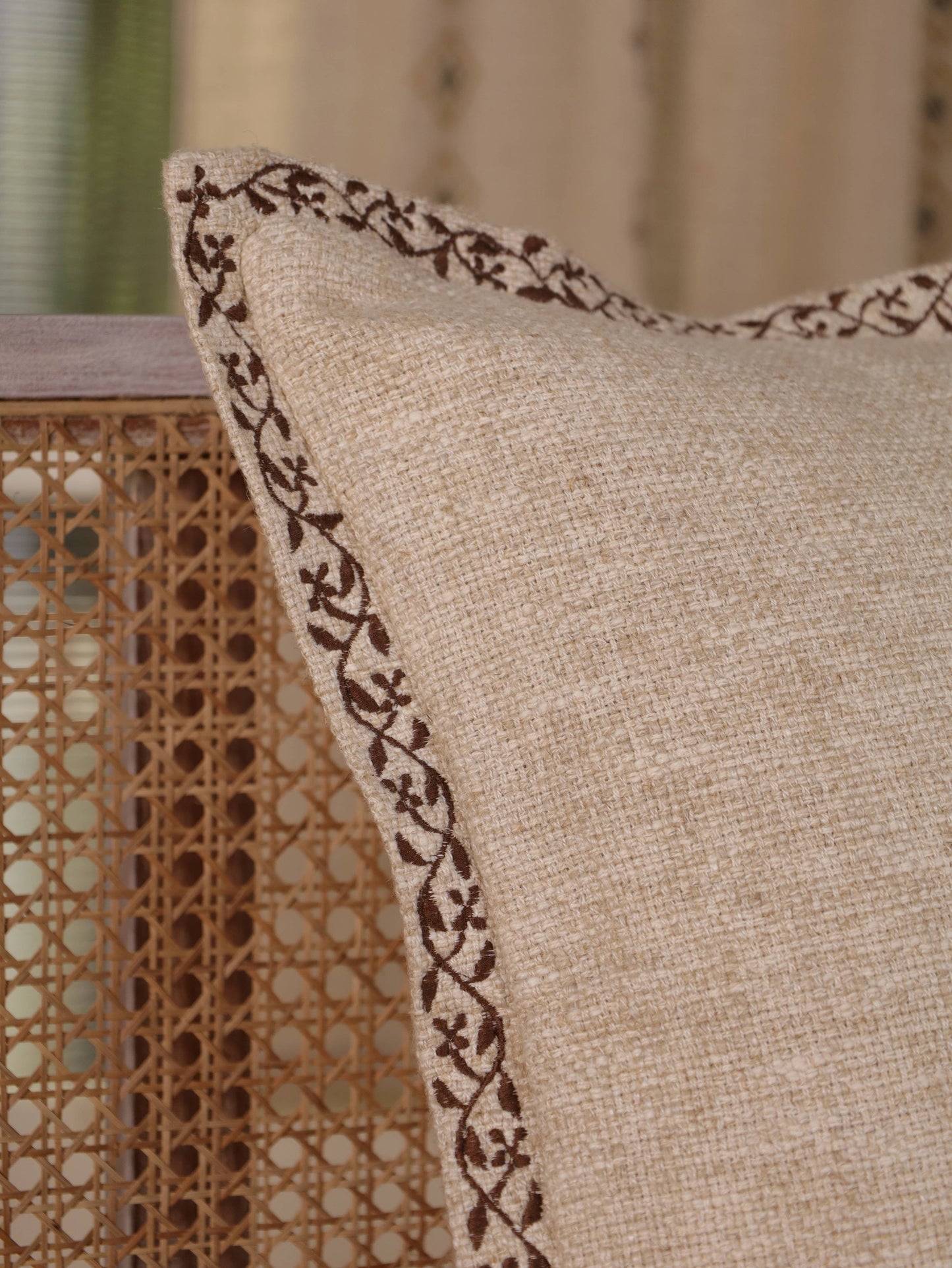 Knubby Linen Pillow Cover 20x20 | Hand Embroidered Edges- Feather insert included