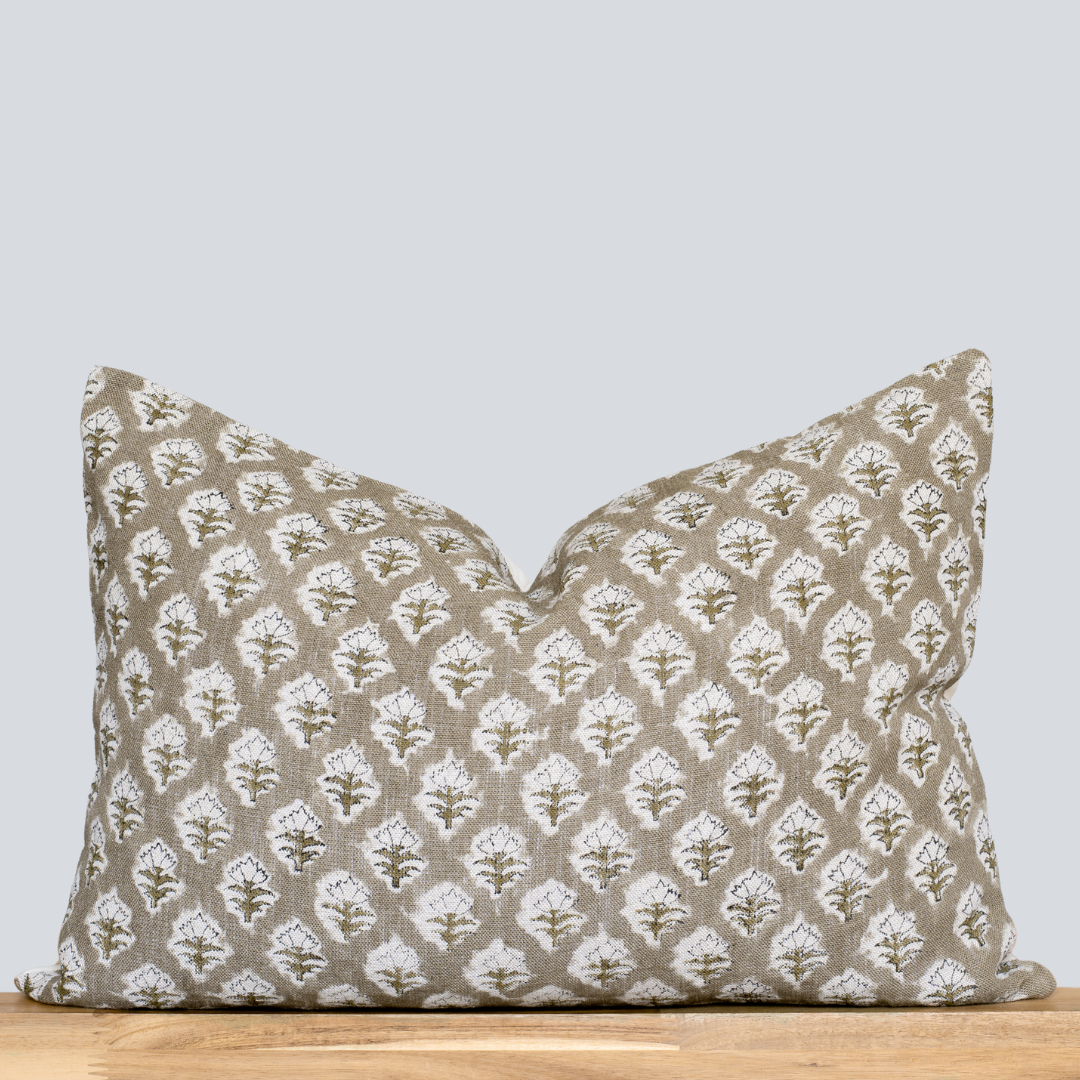 Rhea Floral Block Printed Pillow| Mustard | Lumbar 14'' x 20”. Feather insert included