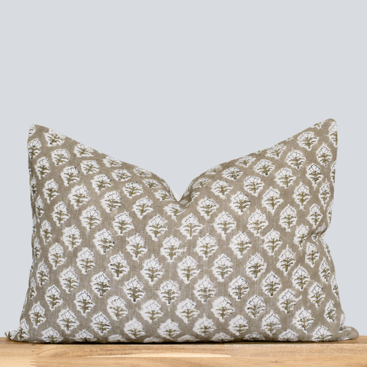 Rhea Floral Block Printed Pillow| Mustard | Lumbar 14'' x 20”. Feather insert included