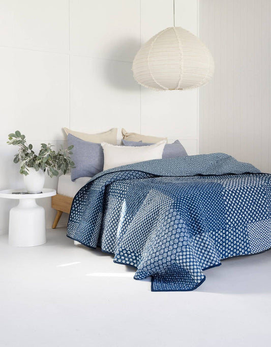 Floral Cotton Quilt Throw Block Print - Indigo patchwork
