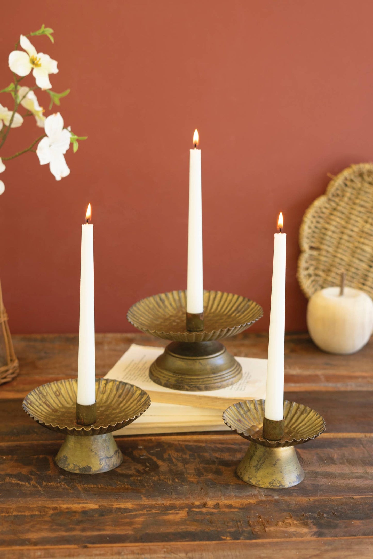 SET OF THREE TAPER CANDLE HOLDERS W FLUTED BASES -ANT GOLD: Gold / Metal / Large: 7"d x 3.5"t;  
Medium: 5.75"d x 2.75"t;  
Small: 4.5"d x 2.75"t