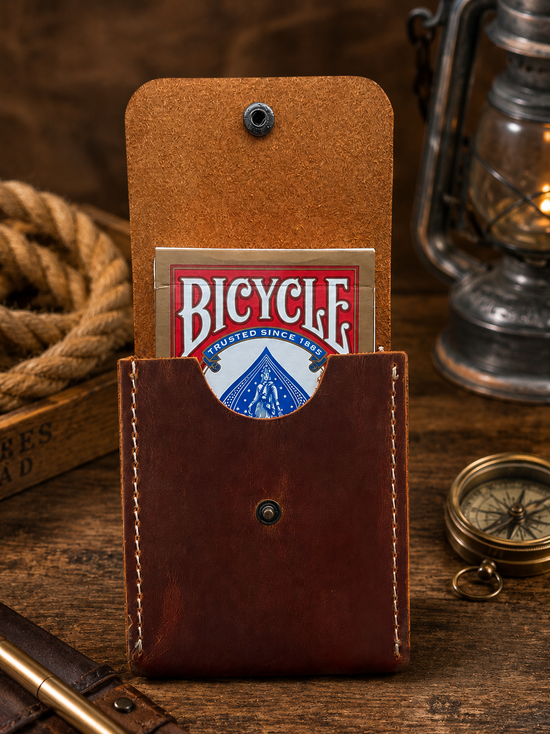 Leather Playing Card Case Holder, Poker Card Case Cover: Khaki Green