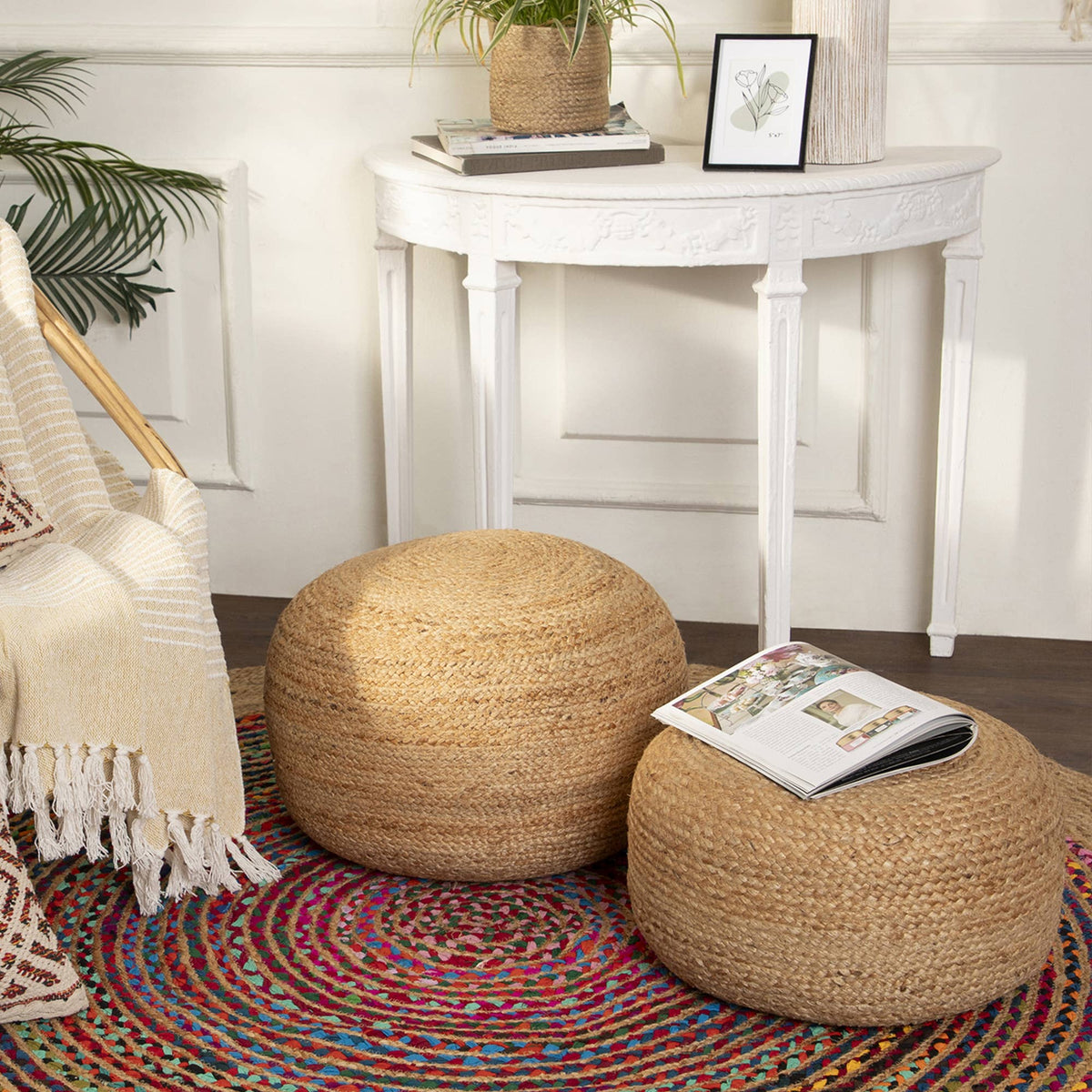 Round 100% Jute Pouf-Natural/Circular 18"x18"x10"
