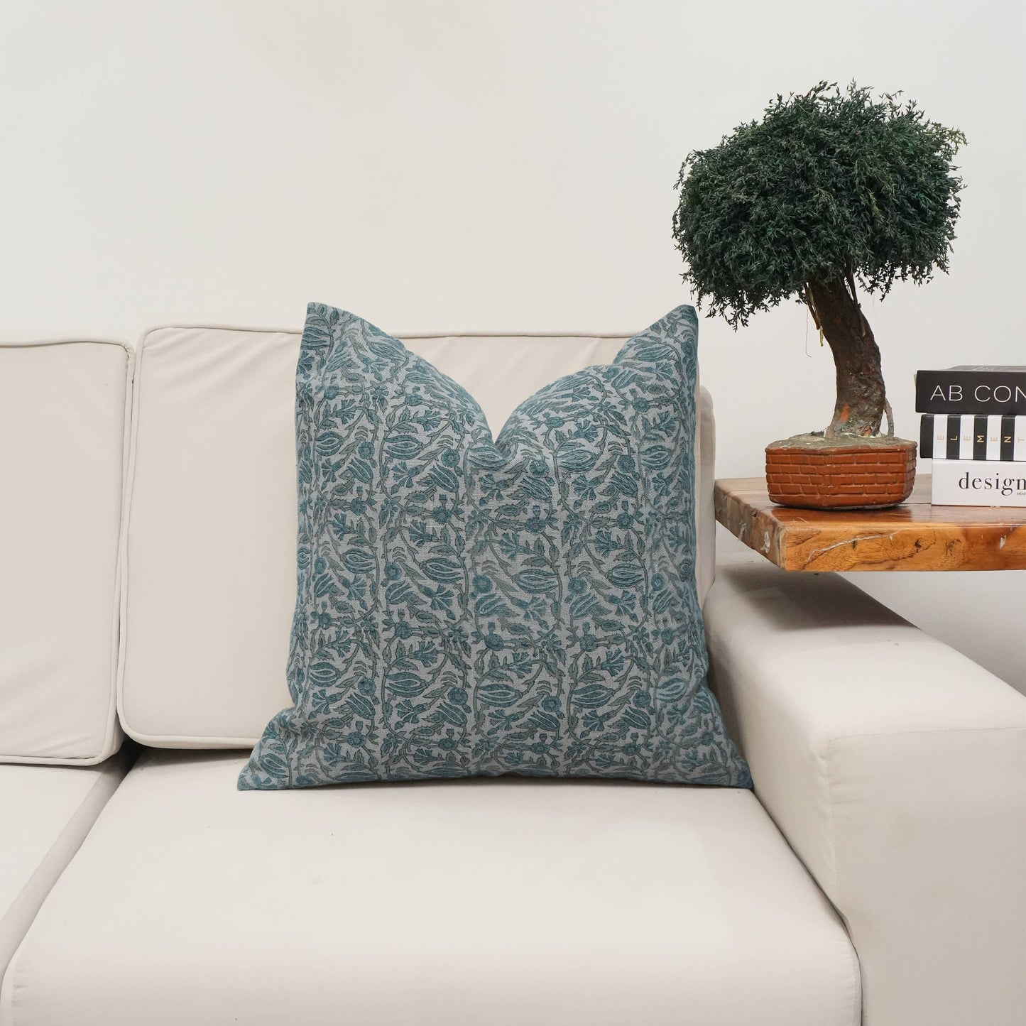 Floral Block Print Thick Linen Home Pillow Cover-Manjusha: Thick Linen / One Side / 20X20