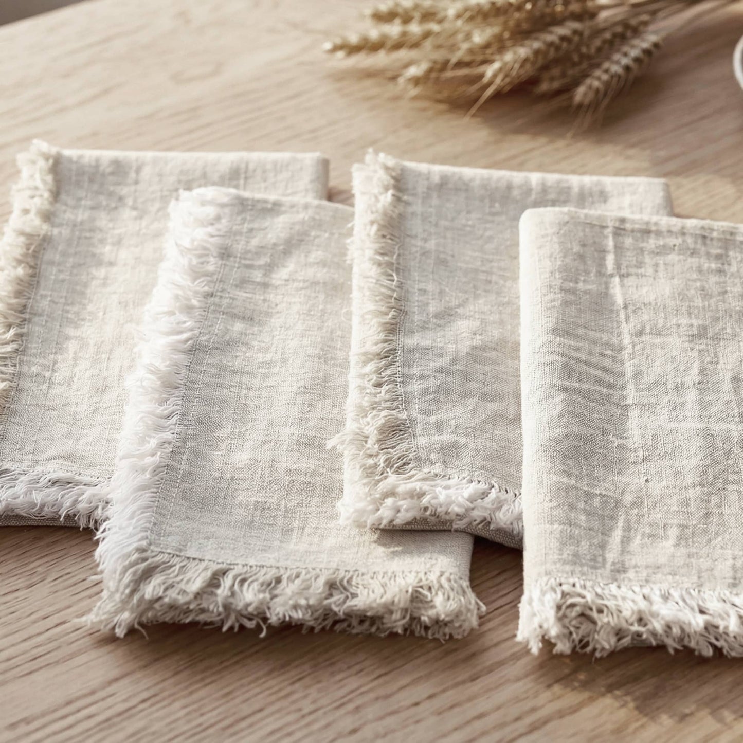 Fringed Raw Edge Pure French Linen Napkins Set of 4 -Natural
