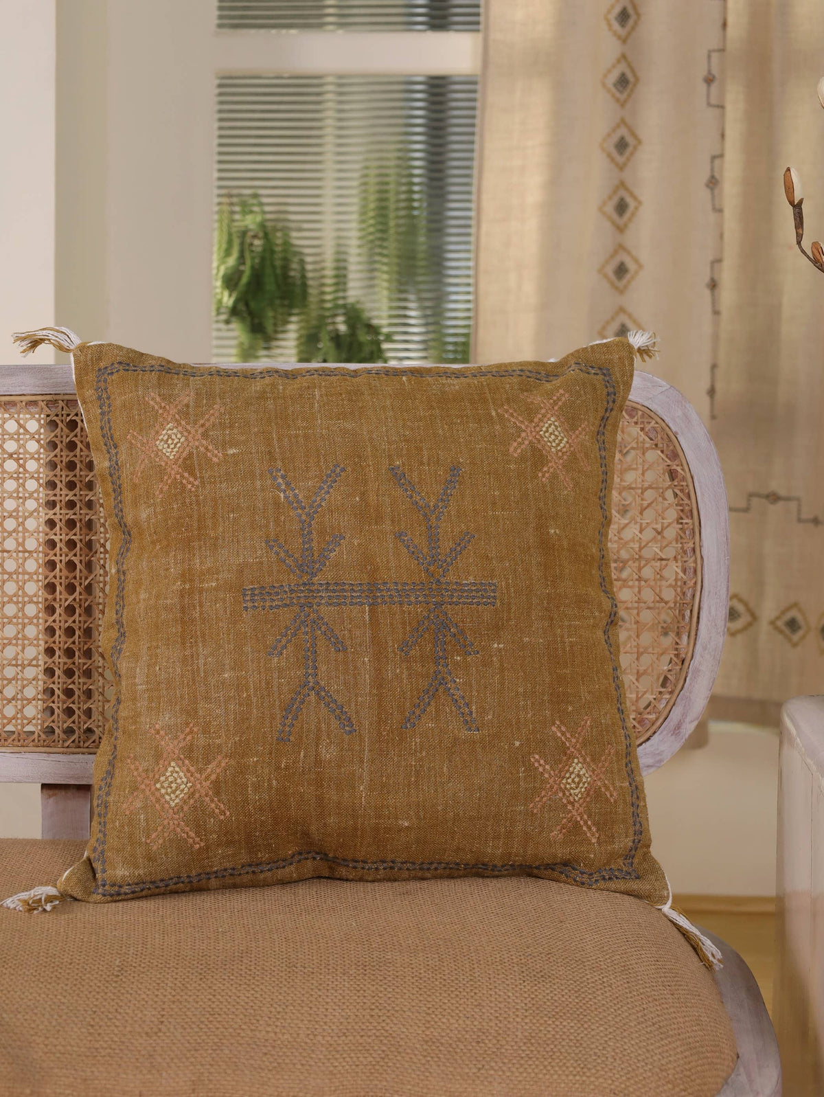 20x20 Square Boho Embroidered Linen Pillow