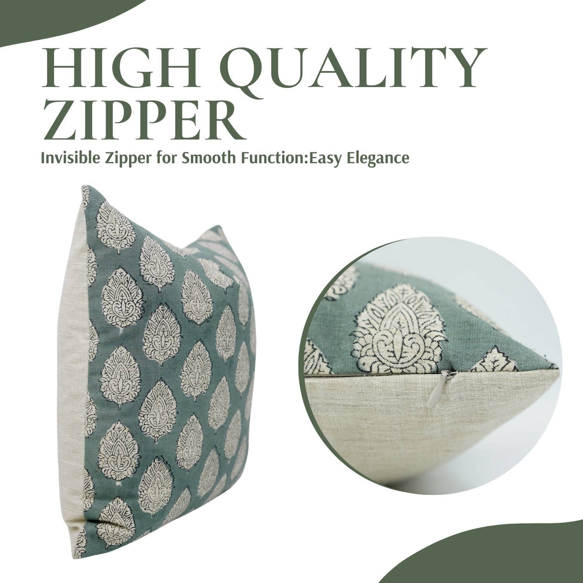 Indian Block Print Linen Blend Pillow Cover - Betal Leaf: Linen / One Side / 20X20
