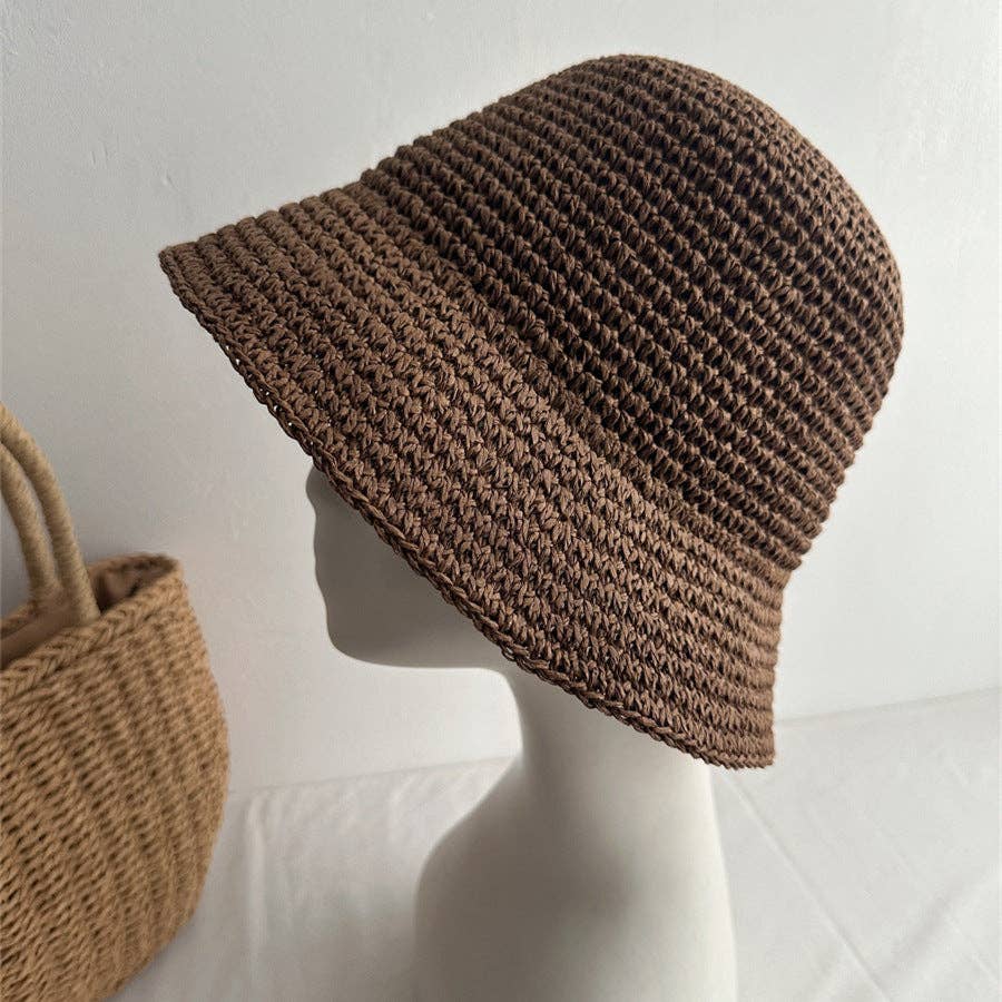 Minimalist Foldable Raffia Straw Bucket Hat 8BK6HAT01: Black