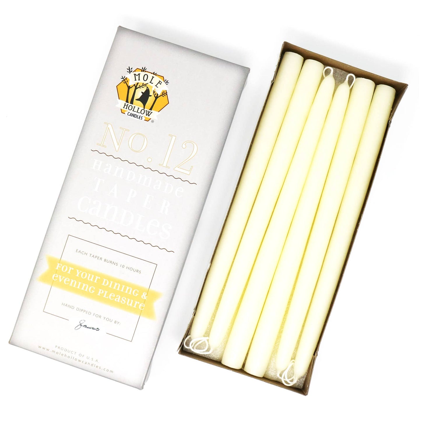 12" Hand Dipped Unscented Taper Candles - 39 Colors USA Made: Off White
