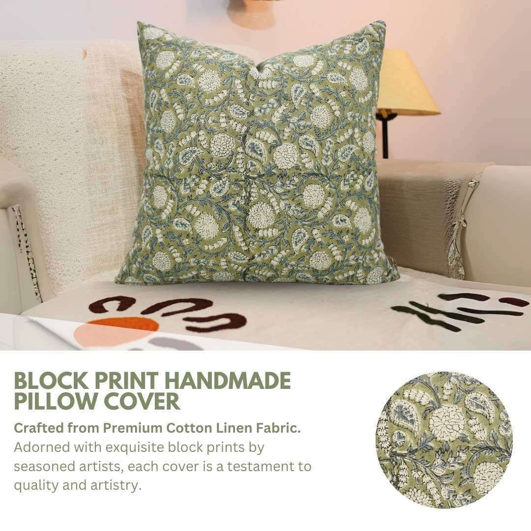 Hand Block Print Cotton Linen Pillow "Gopi" 20x20 Inch