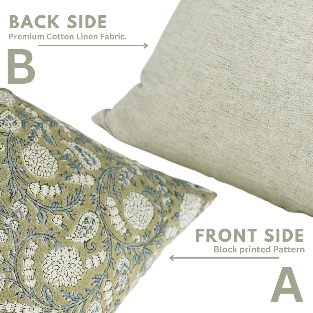 Hand Block Print Cotton Linen Pillow "Gopi" 20x20 Inch
